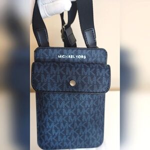 Blue/Navy color Michael Kors Signature PVC Leather Slim Phone Case Crossbody Bag